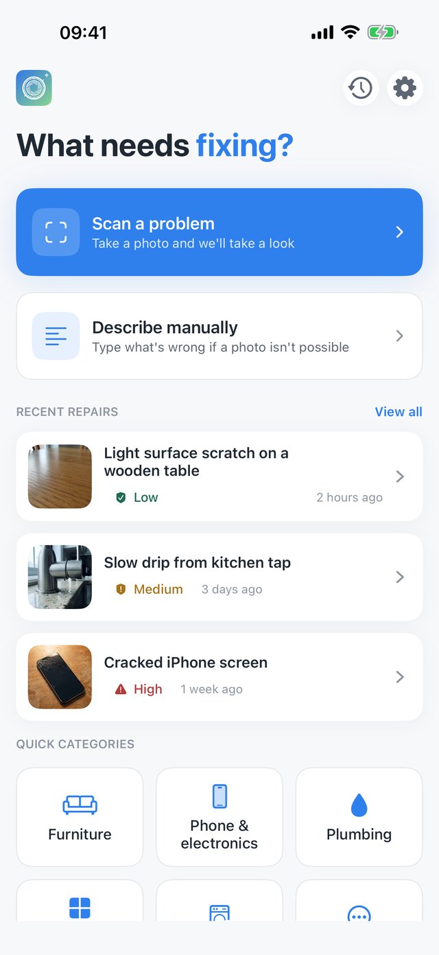 Mendly home screen — "What needs fixing?" with Scan and Describe options