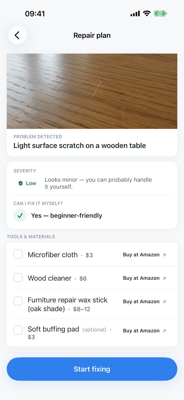 Mendly repair plan — light surface scratch on a wooden table, severity Low, Yes — beginner-friendly