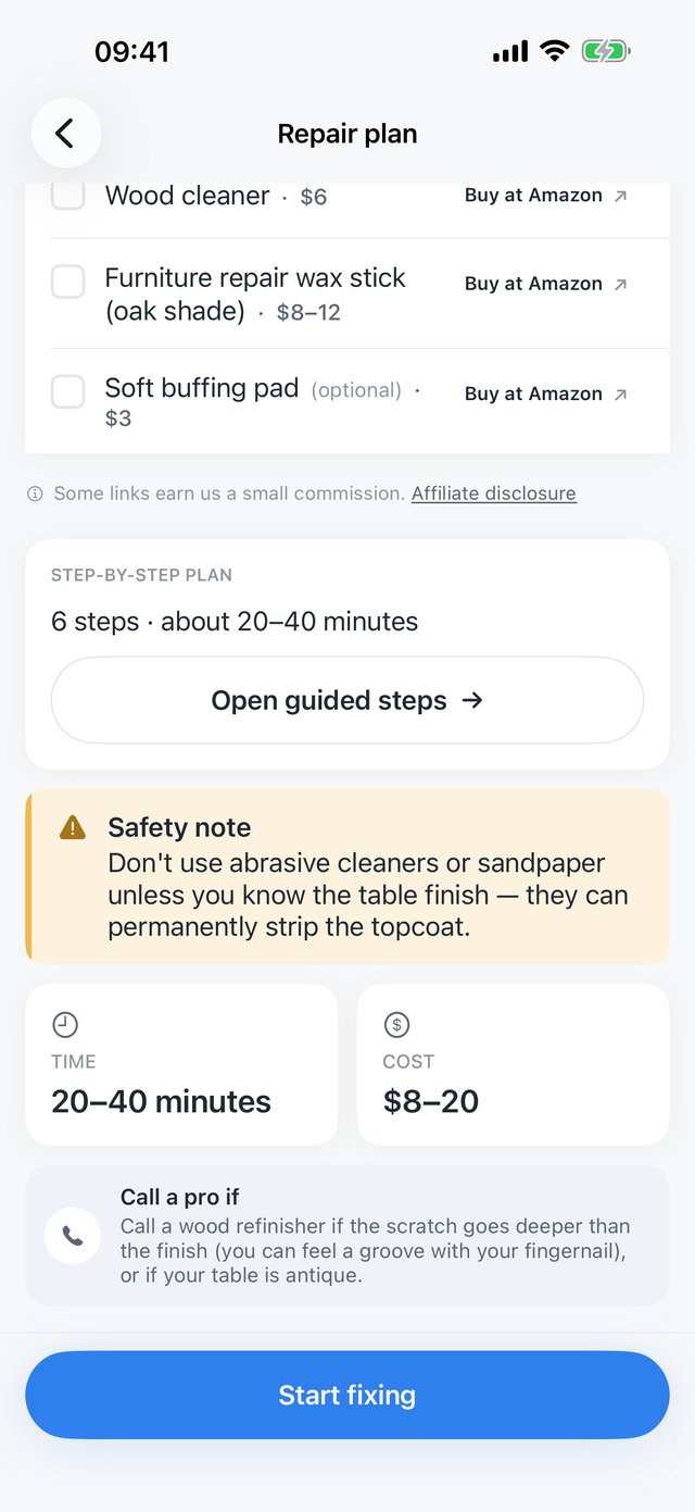 Mendly tools and safety section — guided steps, safety note, time and cost cards, Call a pro guidance
