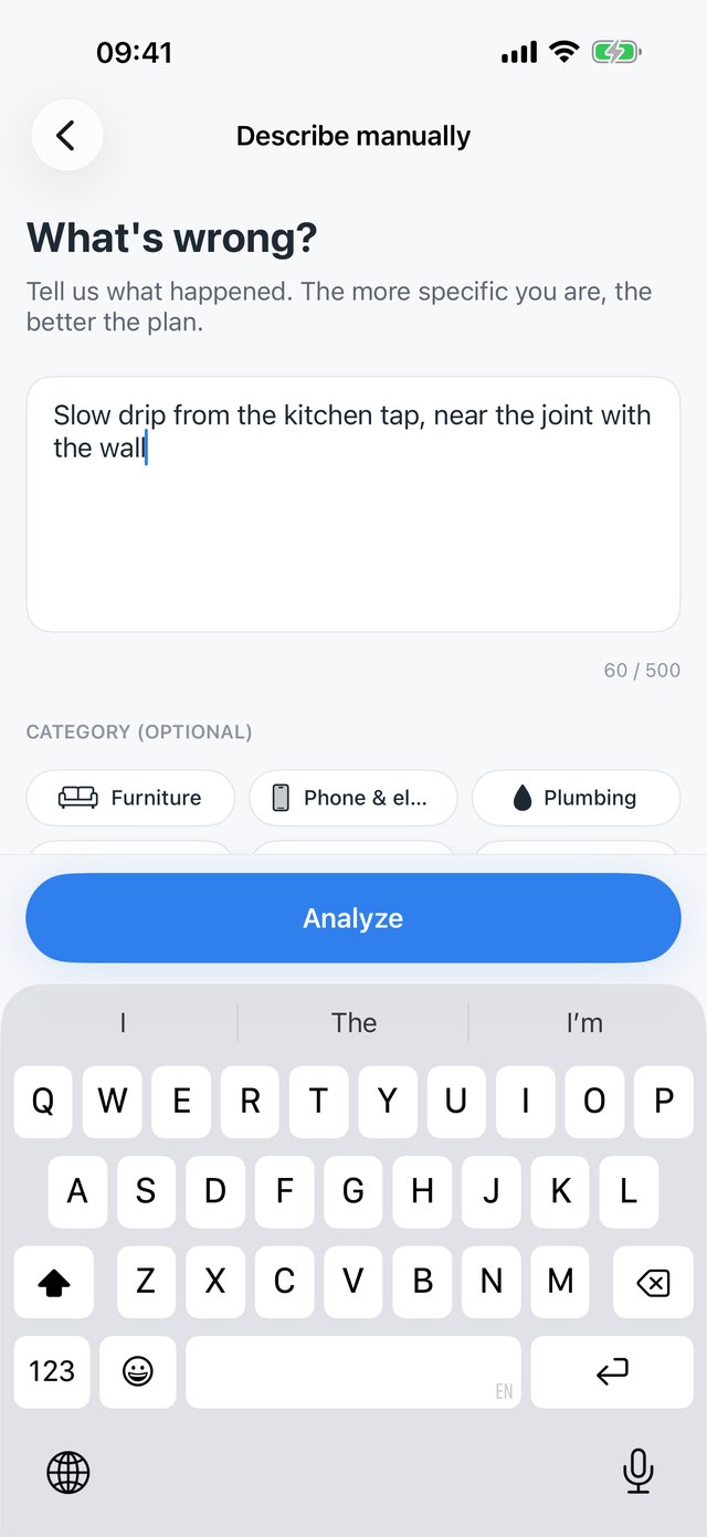 Mendly describe manually — text field with kitchen tap leak description and category chips